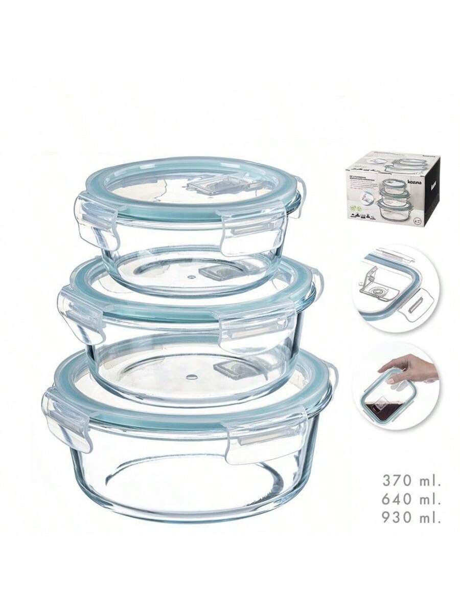 Juego de 3 Recipientes de vidrio resistente al calor con tapa hermética – Set de fiambreras redondas transparentes para microondas y refrigerador (370ml + 640ml + 930ml), ideal para almacenamiento de alimentos en casa o en la oficina