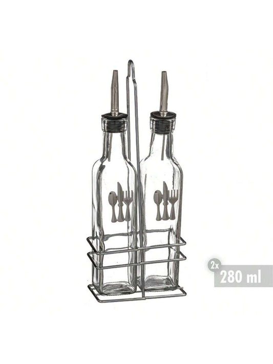 2 Sets Aceitera y Vinagrera con Soporte de Metal CROM, Botellas Dispensadoras de Cristal para Aceite, Vinagre y Condimentos Líquidos, Accesorios Elegantes para Cocina, Mesa, Ensaladas y Uso Diario en el Hogar