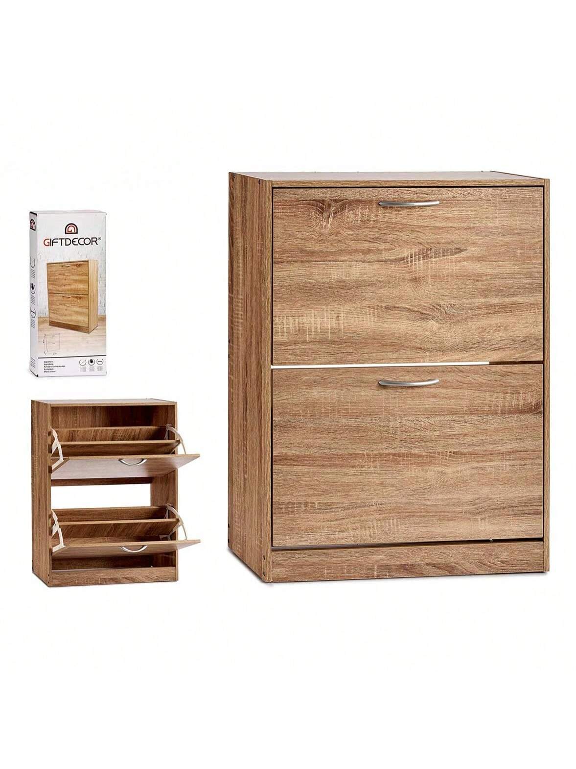 Zapatero de 2 niveles con apertura abatible, mueble organizador de zapatos en color madera, armario para calzado, estante zapatero de suelo, gabinete de almacenamiento para entrada, pasillo