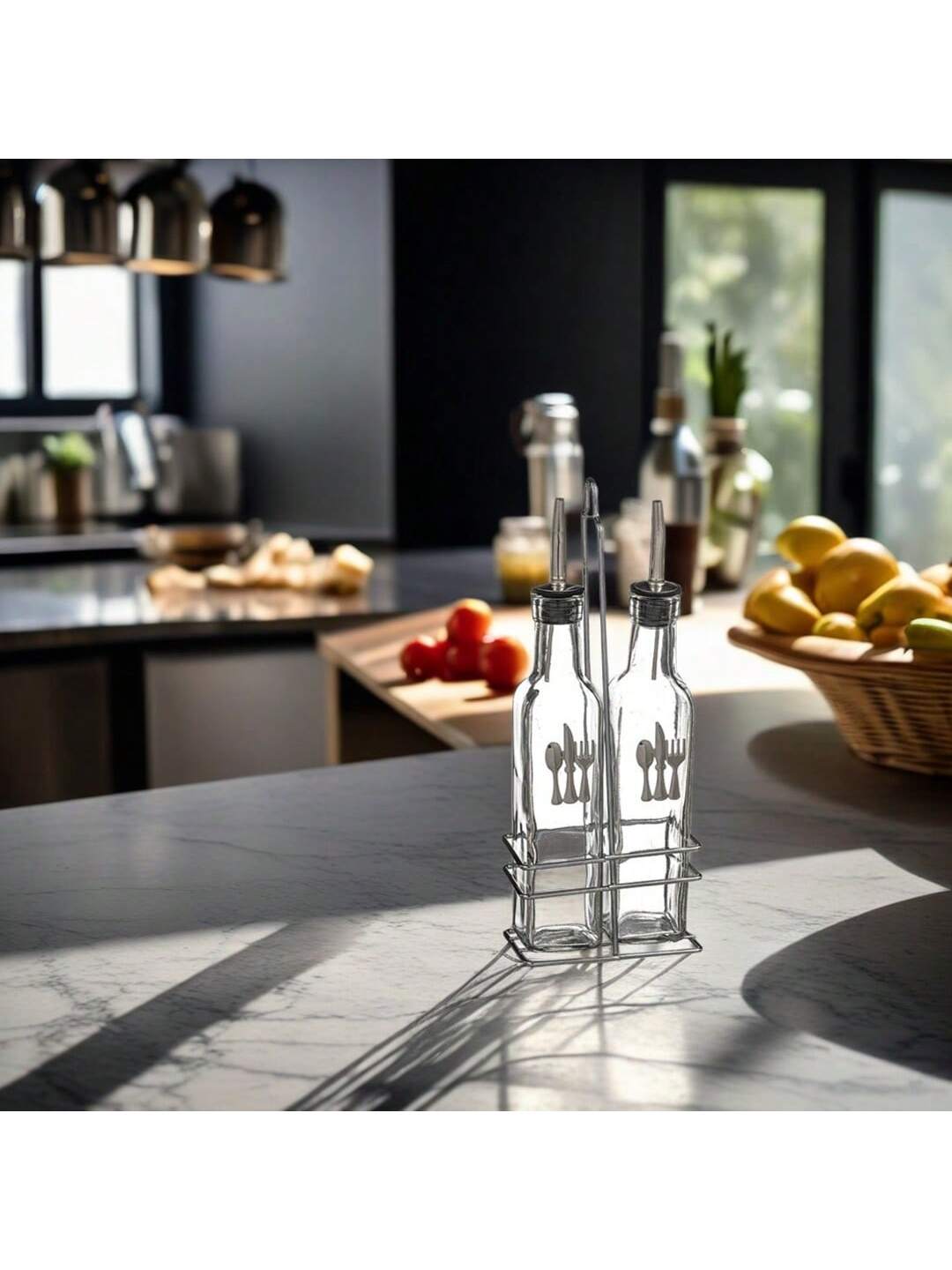 2 Sets Aceitera y Vinagrera con Soporte de Metal CROM, Botellas Dispensadoras de Cristal para Aceite, Vinagre y Condimentos Líquidos, Accesorios Elegantes para Cocina, Mesa, Ensaladas y Uso Diario en el Hogar