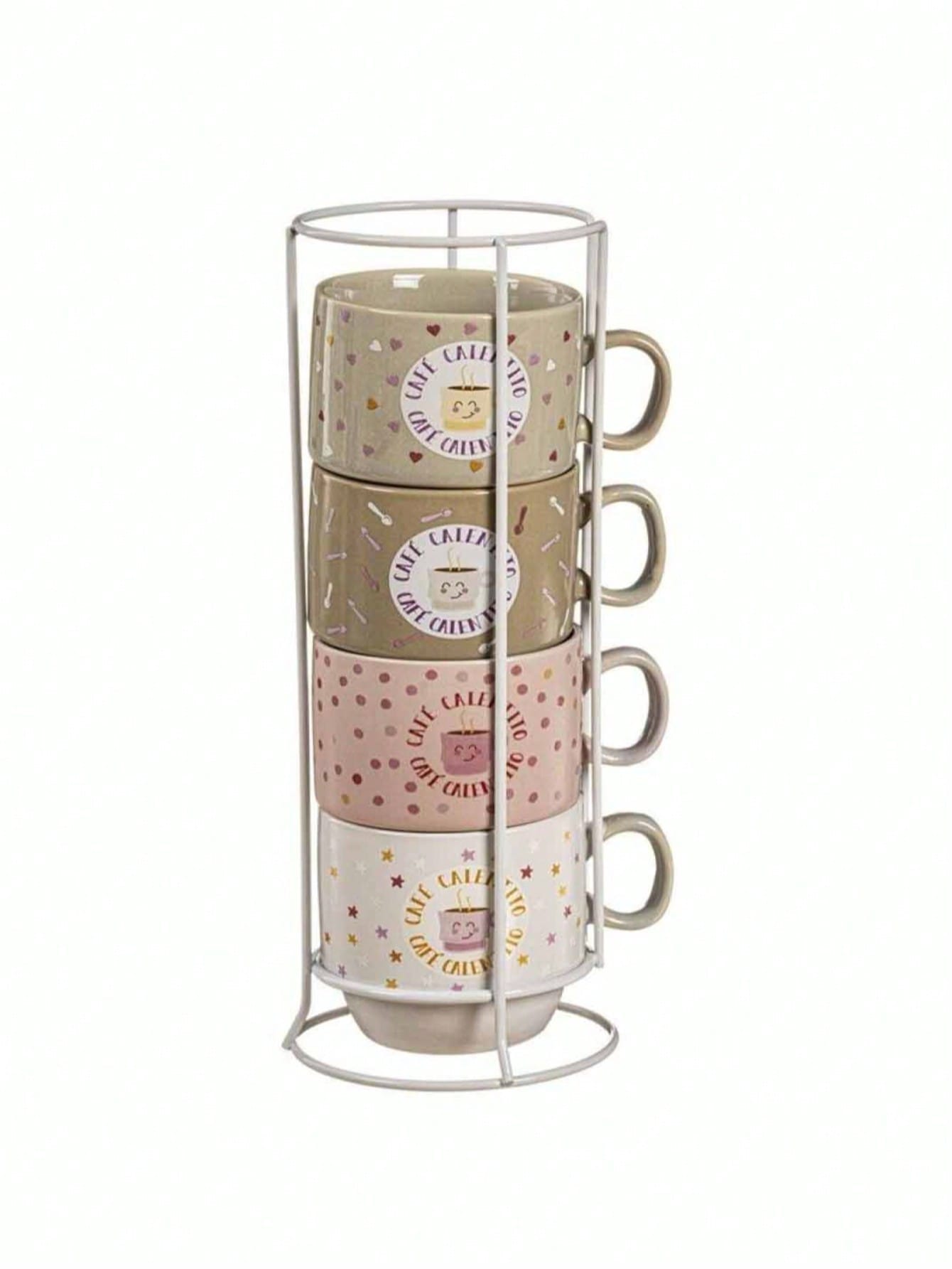Set de 4 tazas de cerámica con soporte metálico – tazas apilables de 200 ml con diseño colorido y estampado de postres y café, ideal para bebidas calientes como café o té, uso en casa, cocina, oficina o para regalar