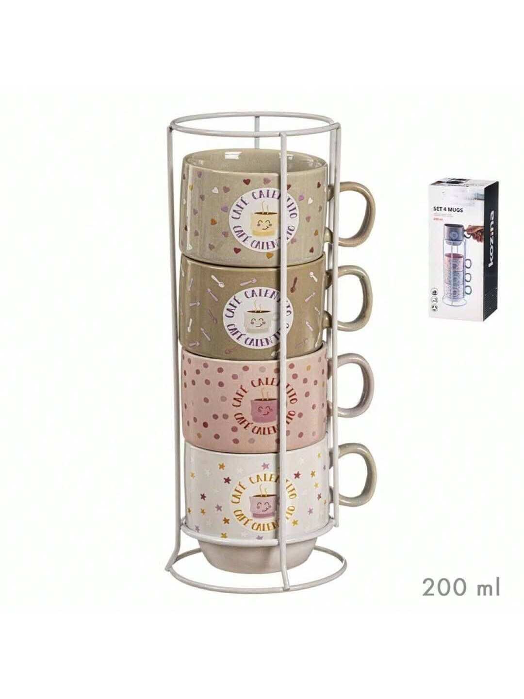 Set de 4 tazas de cerámica con soporte metálico – tazas apilables de 200 ml con diseño colorido y estampado de postres y café, ideal para bebidas calientes como café o té, uso en casa, cocina, oficina o para regalar