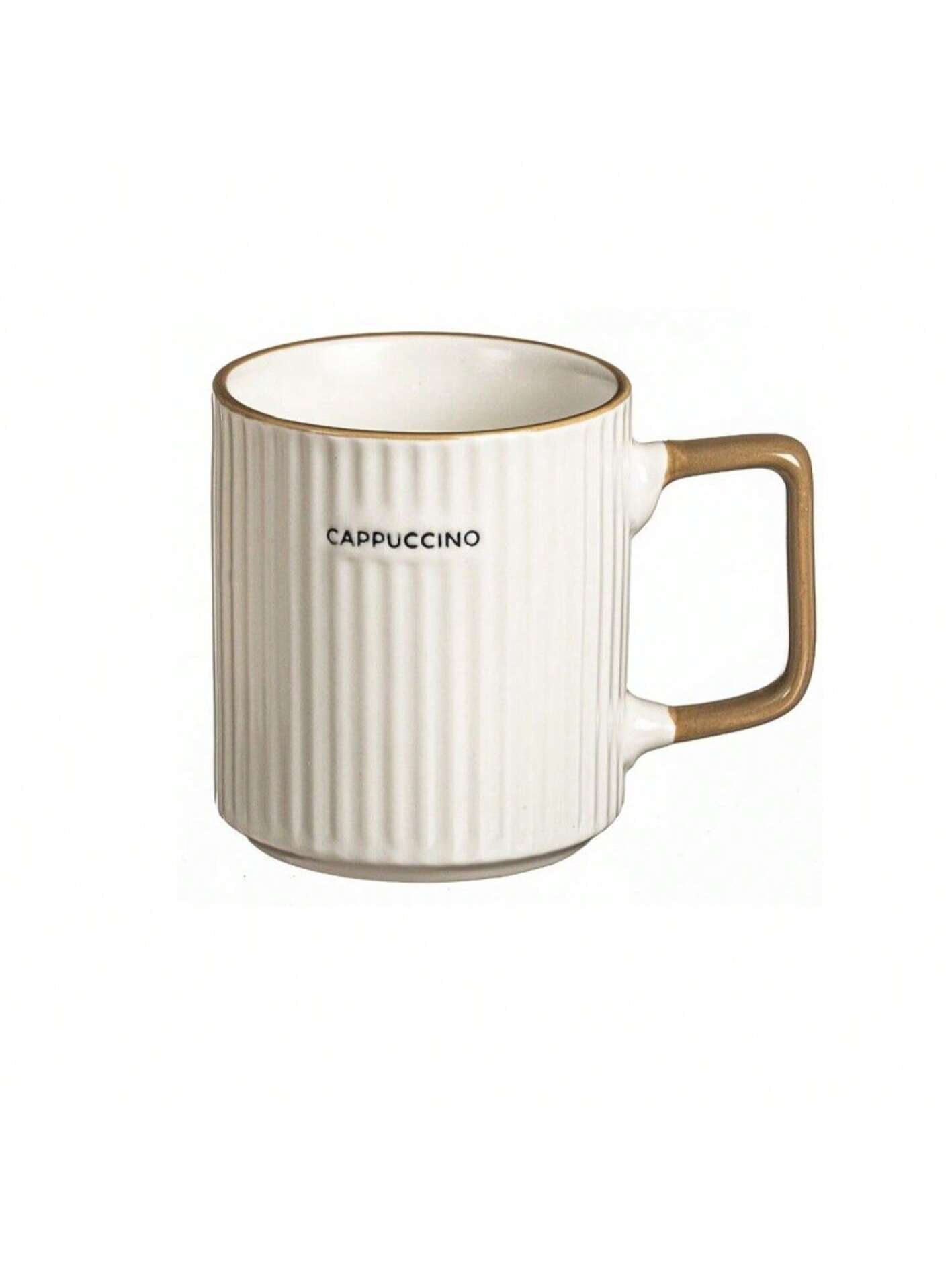 Set de 6 tazas de cerámica con asas cuadradas doradas – diseño retro con textura acanalada – capacidad de 340 ml – impresión de letras 'Americano' y 'Cappuccino' – ideal para casa, oficina o como regalo en caja elegante