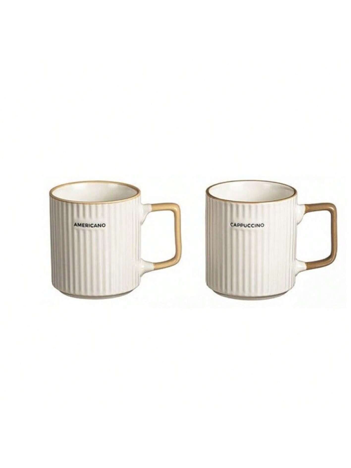 Set de 6 tazas de cerámica con asas cuadradas doradas – diseño retro con textura acanalada – capacidad de 340 ml – impresión de letras 'Americano' y 'Cappuccino' – ideal para casa, oficina o como regalo en caja elegante