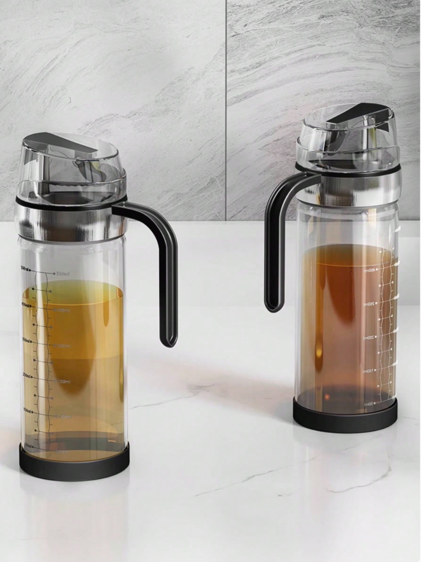 Botella de vidrio para aceite 450ml /550ml con tapa automática – diseño antigoteo con escala de medición – ideal para aceite, vinagre o salsa de soya – utensilio de cocina práctico
