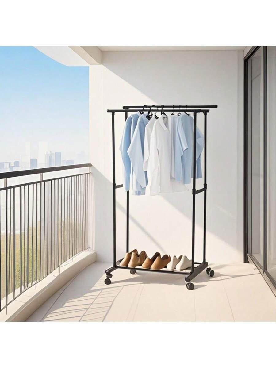 「Perchero de Metal Ajustable de Doble Barra」— Altura regulable | Diseño de doble barra | Ruedas para fácil movilidad | Alta capacidad de carga | Estante inferior para almacenamiento | Ahorro de espacio | Estilo moderno y minimalista