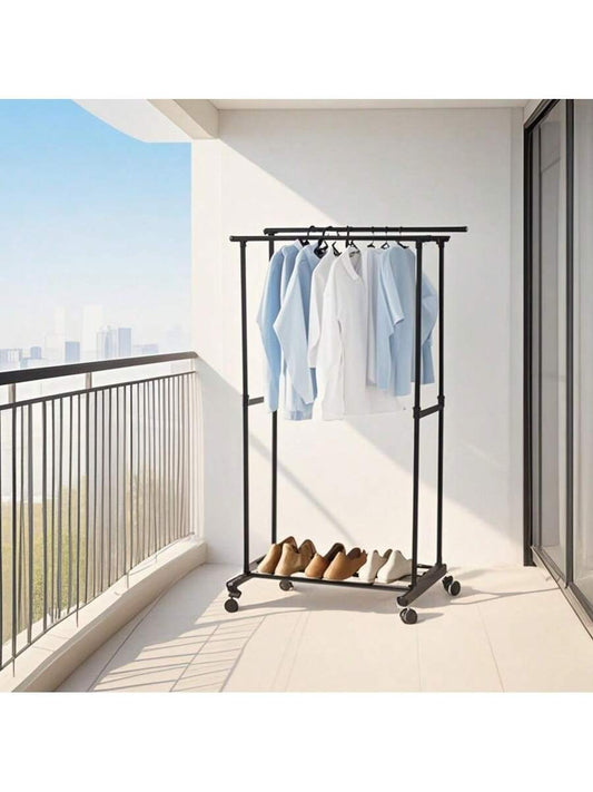 「Perchero de Metal Ajustable de Doble Barra」— Altura regulable | Diseño de doble barra | Ruedas para fácil movilidad | Alta capacidad de carga | Estante inferior para almacenamiento | Ahorro de espacio | Estilo moderno y minimalista