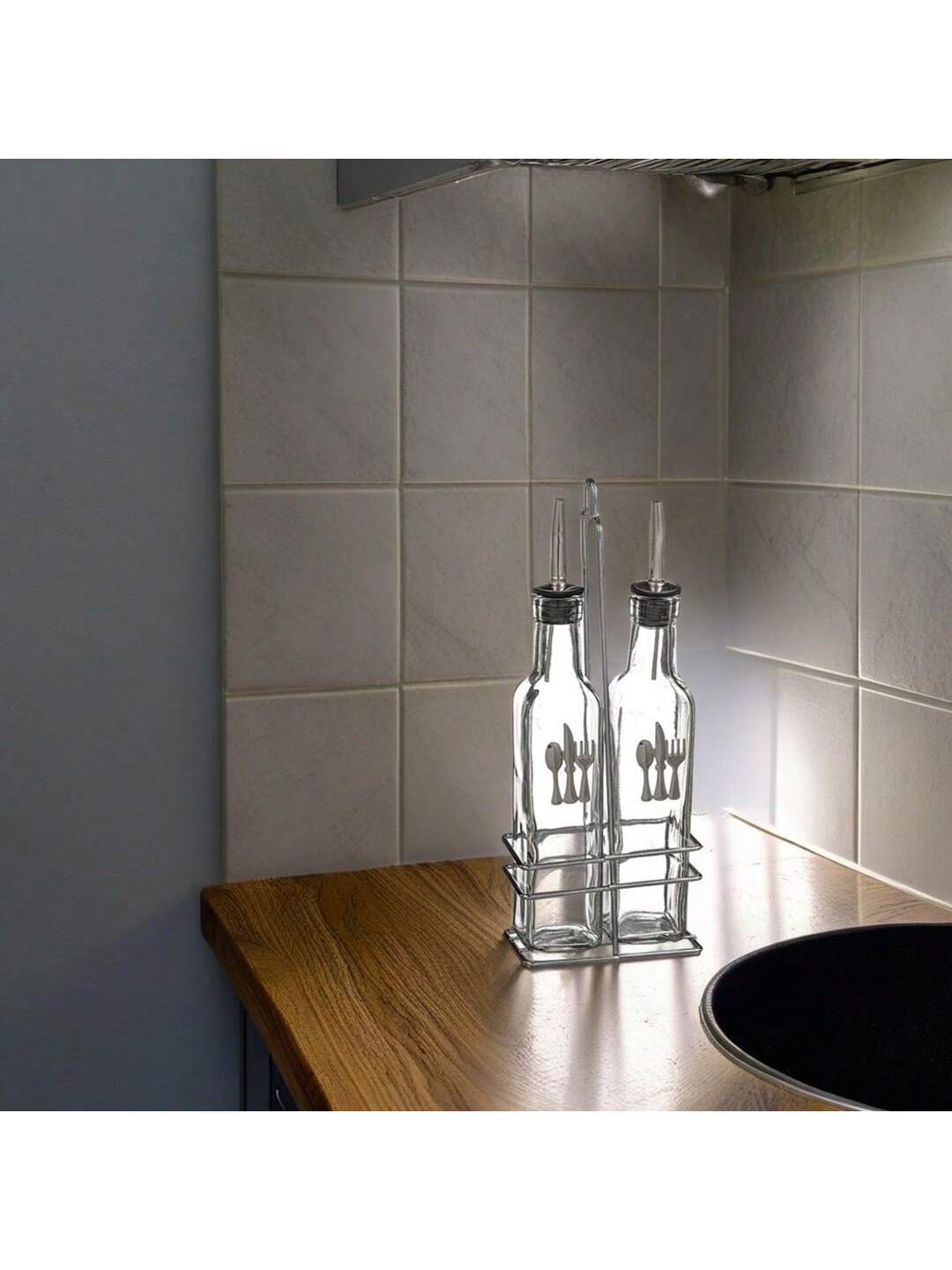 2 Sets Aceitera y Vinagrera con Soporte de Metal CROM, Botellas Dispensadoras de Cristal para Aceite, Vinagre y Condimentos Líquidos, Accesorios Elegantes para Cocina, Mesa, Ensaladas y Uso Diario en el Hogar