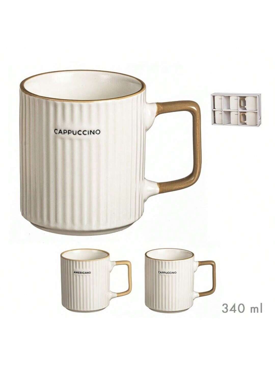 Set de 6 tazas de cerámica con asas cuadradas doradas – diseño retro con textura acanalada – capacidad de 340 ml – impresión de letras 'Americano' y 'Cappuccino' – ideal para casa, oficina o como regalo en caja elegante