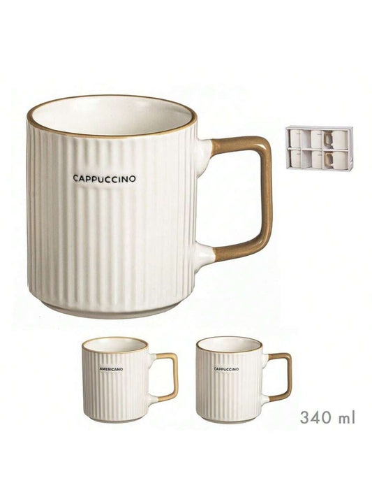 Set de 6 tazas de cerámica con asas cuadradas doradas – diseño retro con textura acanalada – capacidad de 340 ml – impresión de letras 'Americano' y 'Cappuccino' – ideal para casa, oficina o como regalo en caja elegante