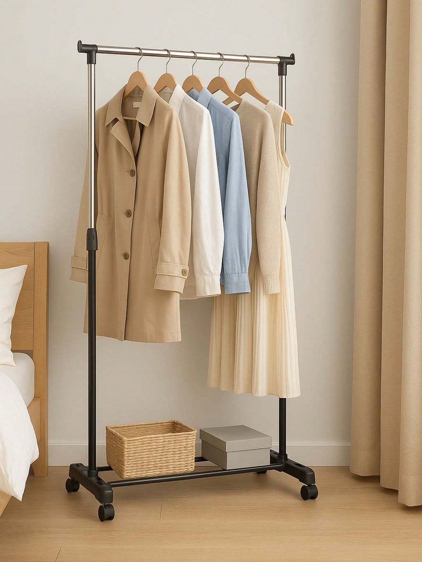 「Perchero de Metal Ajustable」- Altura regulable | Diseño con ruedas | Movilidad 360° | Alta capacidad de carga | Ahorro de espacio | Perchero de barra única | Estructura estable y resistente | Instalación sin perforación