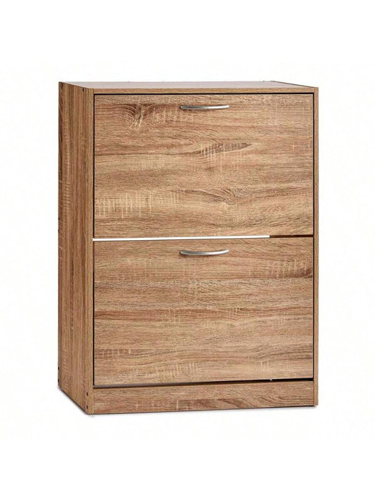 Zapatero de 2 niveles con apertura abatible, mueble organizador de zapatos en color madera, armario para calzado, estante zapatero de suelo, gabinete de almacenamiento para entrada, pasillo