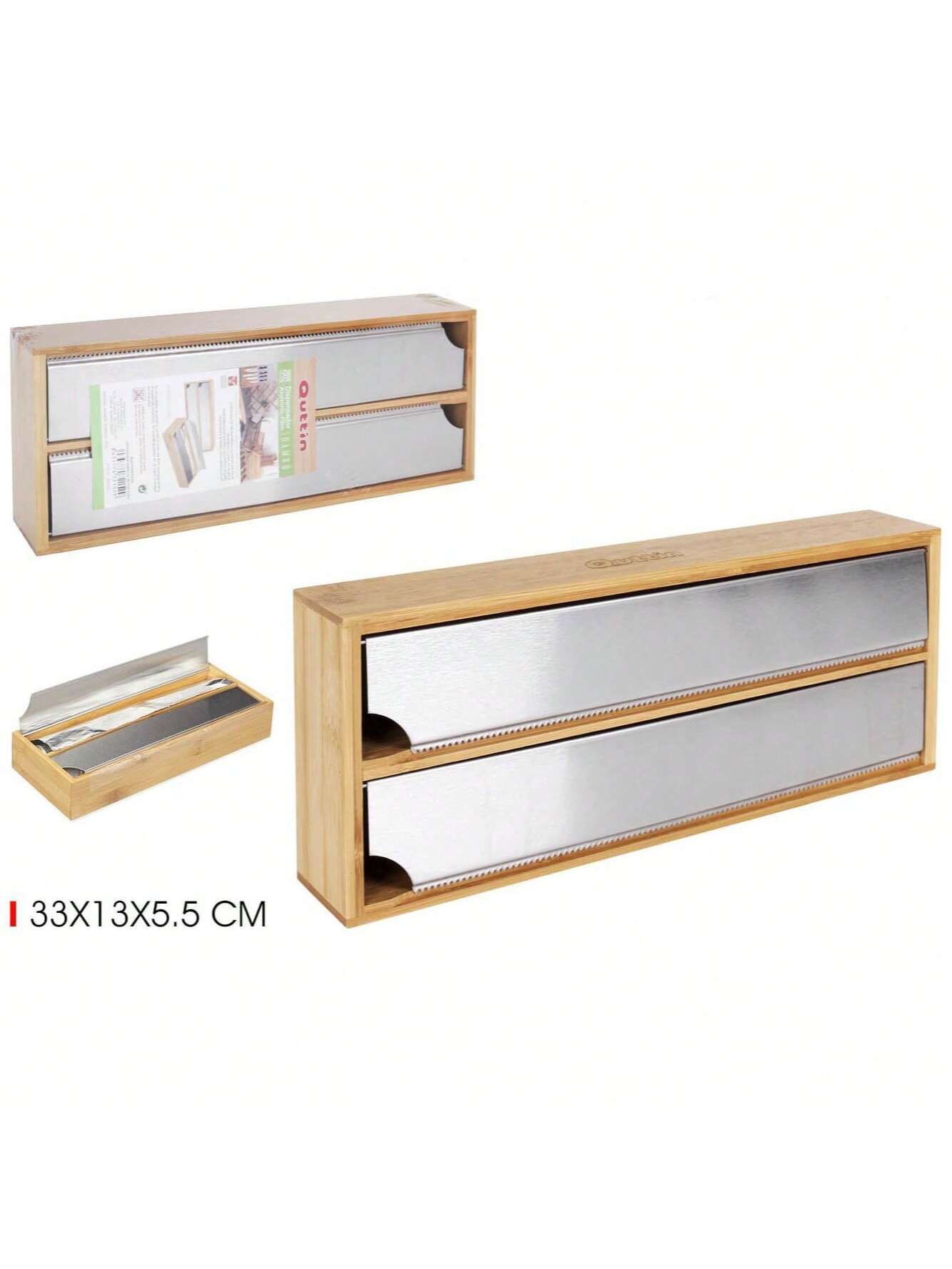 Cortador de film transparente de doble capa de bambú para cocina, organizador de papel de aluminio, madera maciza y ecológica, diseño multifuncional con hoja dentada y compartimentos, resistente a la humedad y duradero