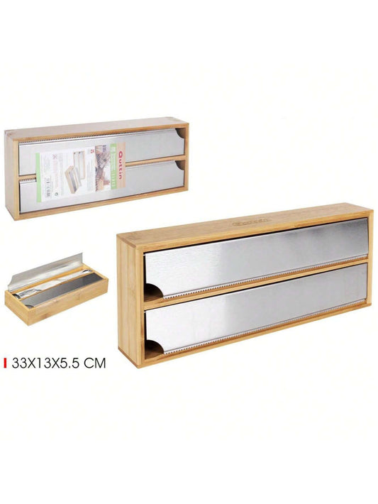 Cortador de film transparente de doble capa de bambú para cocina, organizador de papel de aluminio, madera maciza y ecológica, diseño multifuncional con hoja dentada y compartimentos, resistente a la humedad y duradero