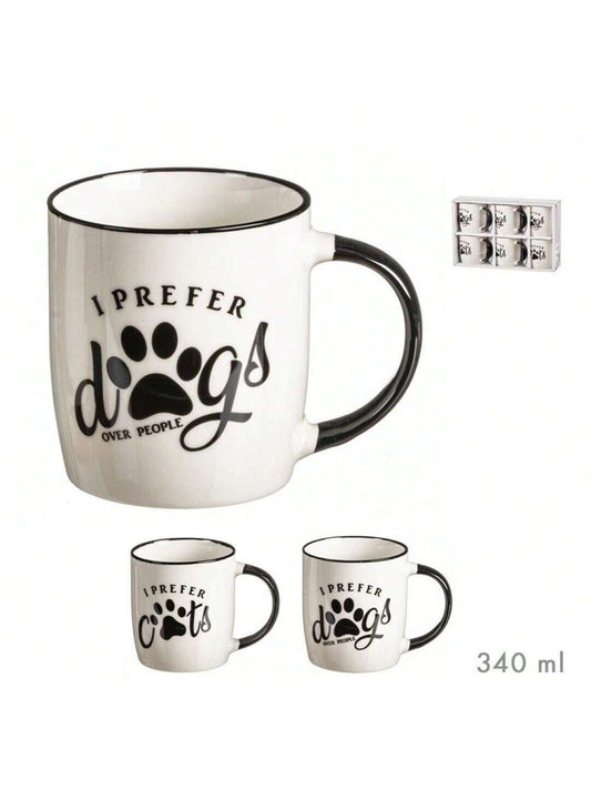 Set de 6 tazas de cerámica para amantes de las mascotas – Diseño divertido con frases “I Prefer Dogs Over People” y “I Prefer Cats” – estilo blanco y negro con huella – capacidad de 340 ml – regalo perfecto para dueños de gatos y perros