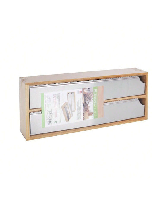Cortador de film transparente de doble capa de bambú para cocina, organizador de papel de aluminio, madera maciza y ecológica, diseño multifuncional con hoja dentada y compartimentos, resistente a la humedad y duradero