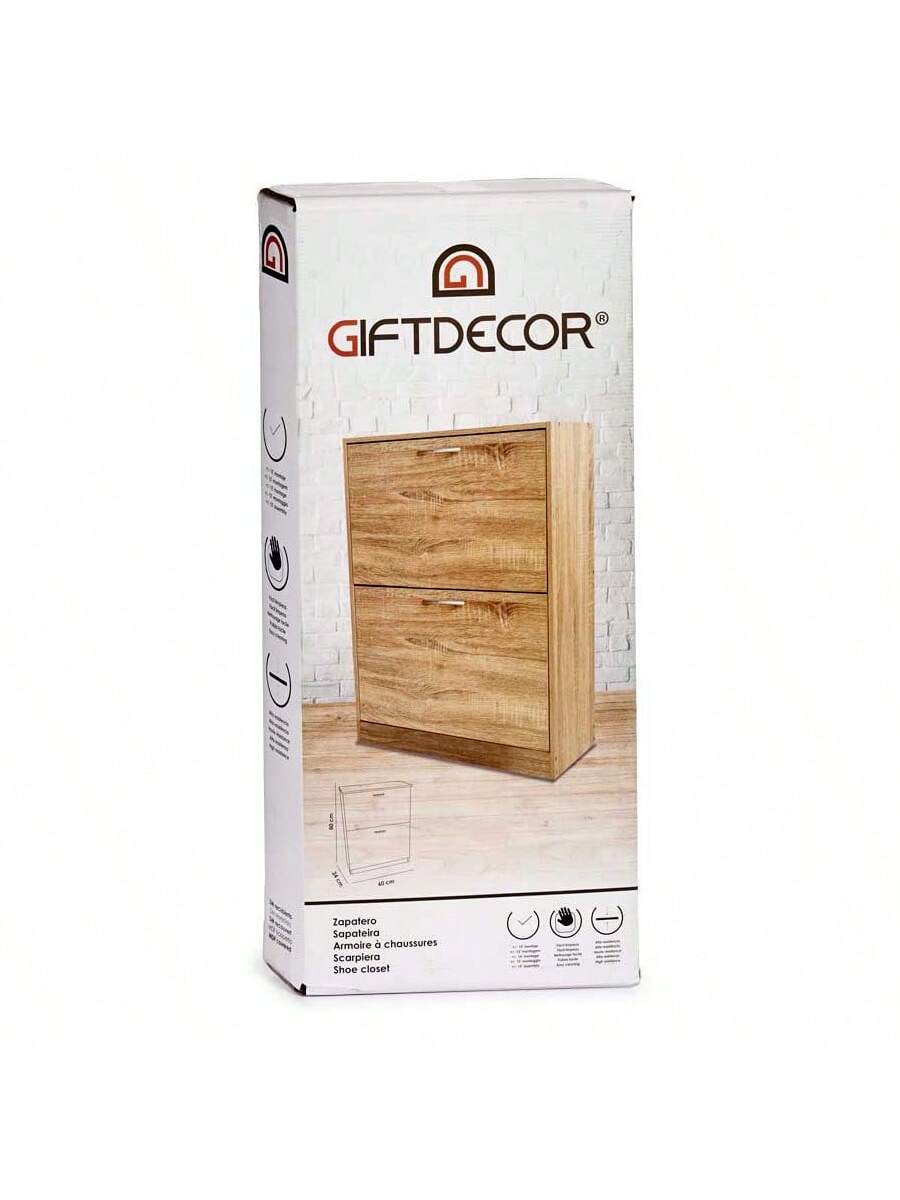 Zapatero de 2 niveles con apertura abatible, mueble organizador de zapatos en color madera, armario para calzado, estante zapatero de suelo, gabinete de almacenamiento para entrada, pasillo