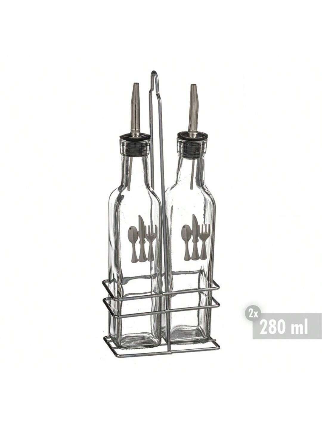 2 Sets Aceitera y Vinagrera con Soporte de Metal CROM, Botellas Dispensadoras de Cristal para Aceite, Vinagre y Condimentos Líquidos, Accesorios Elegantes para Cocina, Mesa, Ensaladas y Uso Diario en el Hogar