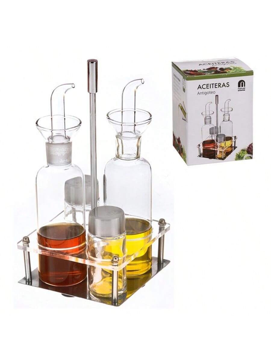 Set de 4 Aceiteras Antigoteo, Botellas de Cristal con Boquilla Antifugas de Acero Inoxidable, Dispensadores para Aceite, Vinagre y Salsa de Soja, Ideal para Cocina, Barbacoa y Exteriores