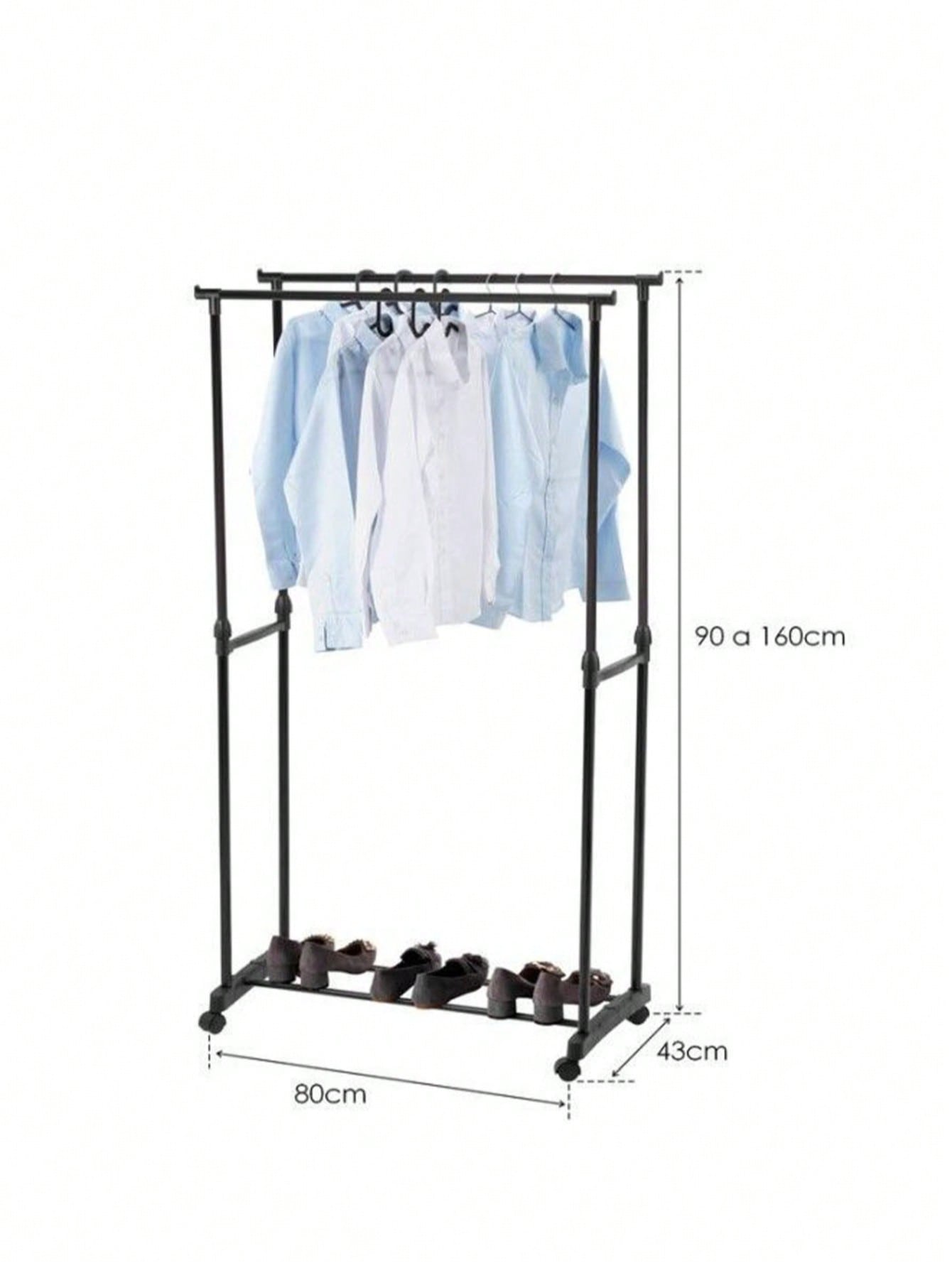 「Perchero de Metal Ajustable de Doble Barra」— Altura regulable | Diseño de doble barra | Ruedas para fácil movilidad | Alta capacidad de carga | Estante inferior para almacenamiento | Ahorro de espacio | Estilo moderno y minimalista