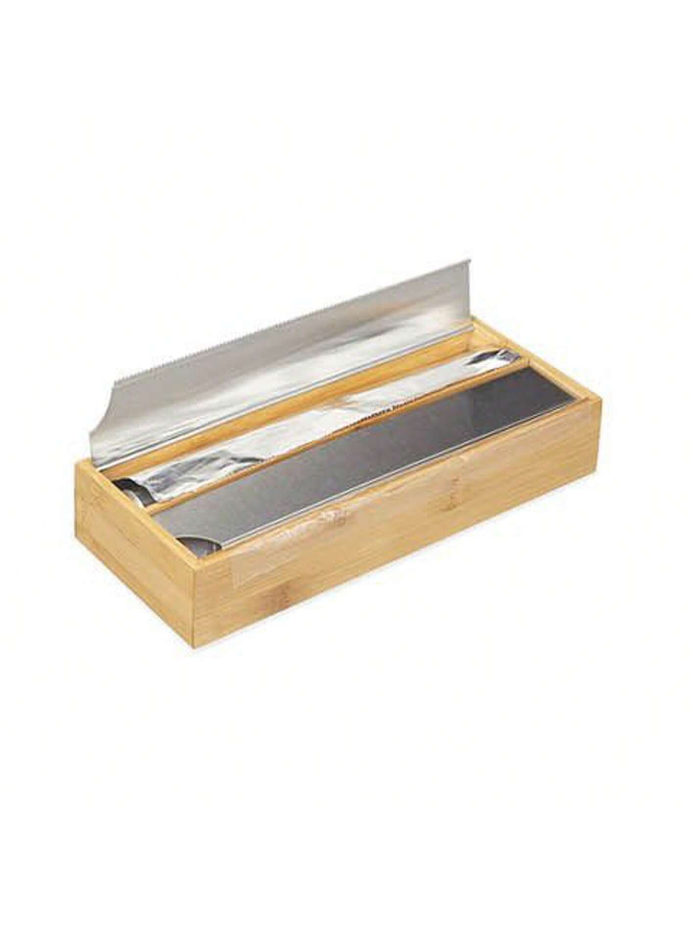 Cortador de film transparente de doble capa de bambú para cocina, organizador de papel de aluminio, madera maciza y ecológica, diseño multifuncional con hoja dentada y compartimentos, resistente a la humedad y duradero