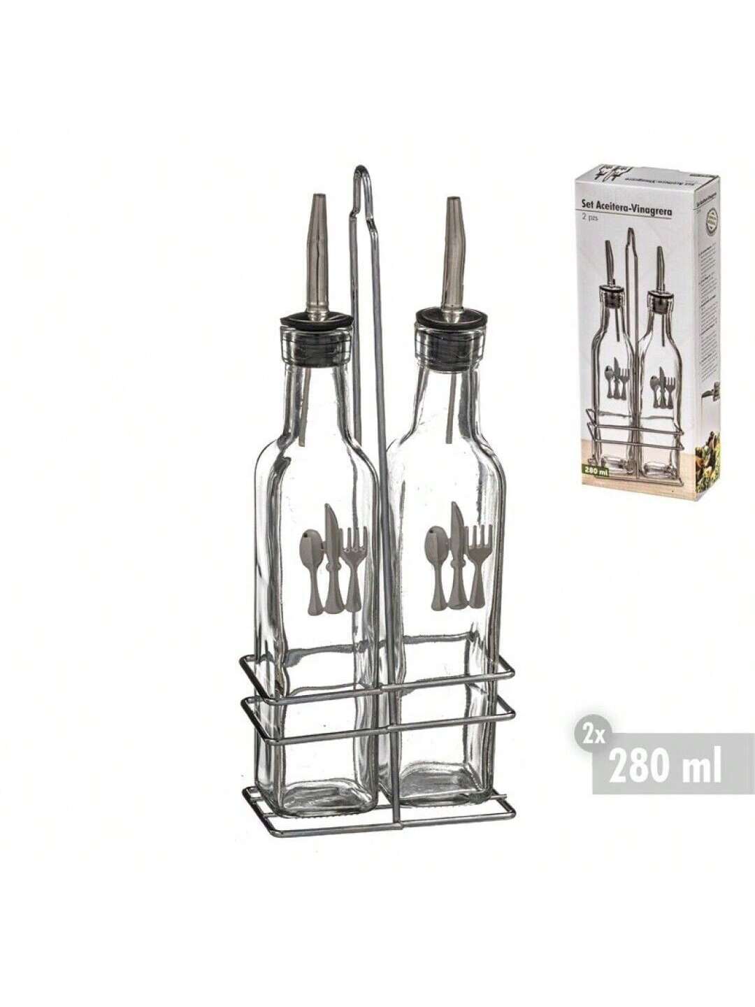 2 Sets Aceitera y Vinagrera con Soporte de Metal CROM, Botellas Dispensadoras de Cristal para Aceite, Vinagre y Condimentos Líquidos, Accesorios Elegantes para Cocina, Mesa, Ensaladas y Uso Diario en el Hogar